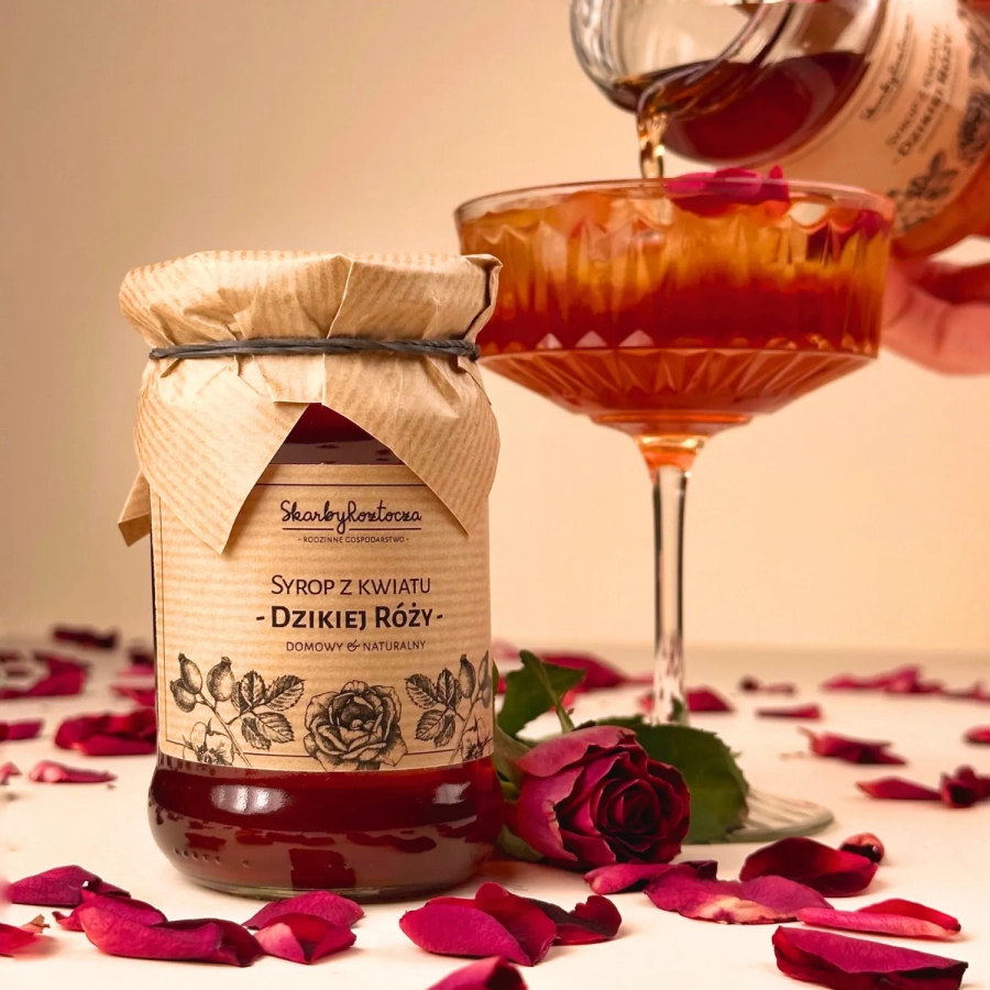 rosehip flower syrup treasures of roztocze front square rose petals