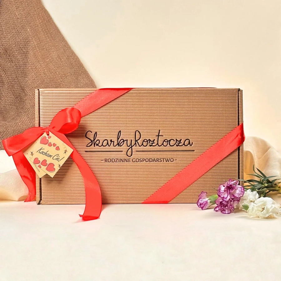 Geschenkset Schachtel 3 Honiggläser Skarby Roztocza Produkt quadratisch traditionelle Schleife