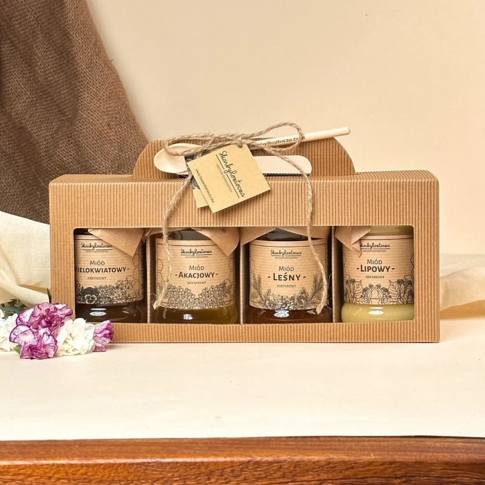 traditional gift set cardboard box window 4 honeys spoon skarby roztocza product square wishes gift jute twine natural tie